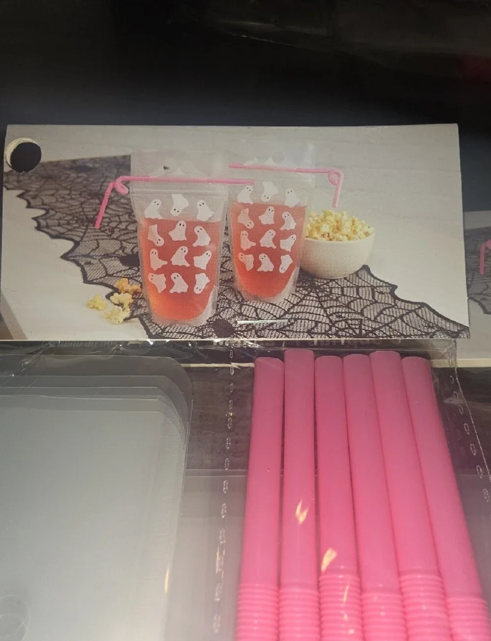 New Halloween Ghost Drink Pouch with Pink Straw - 16 Oz